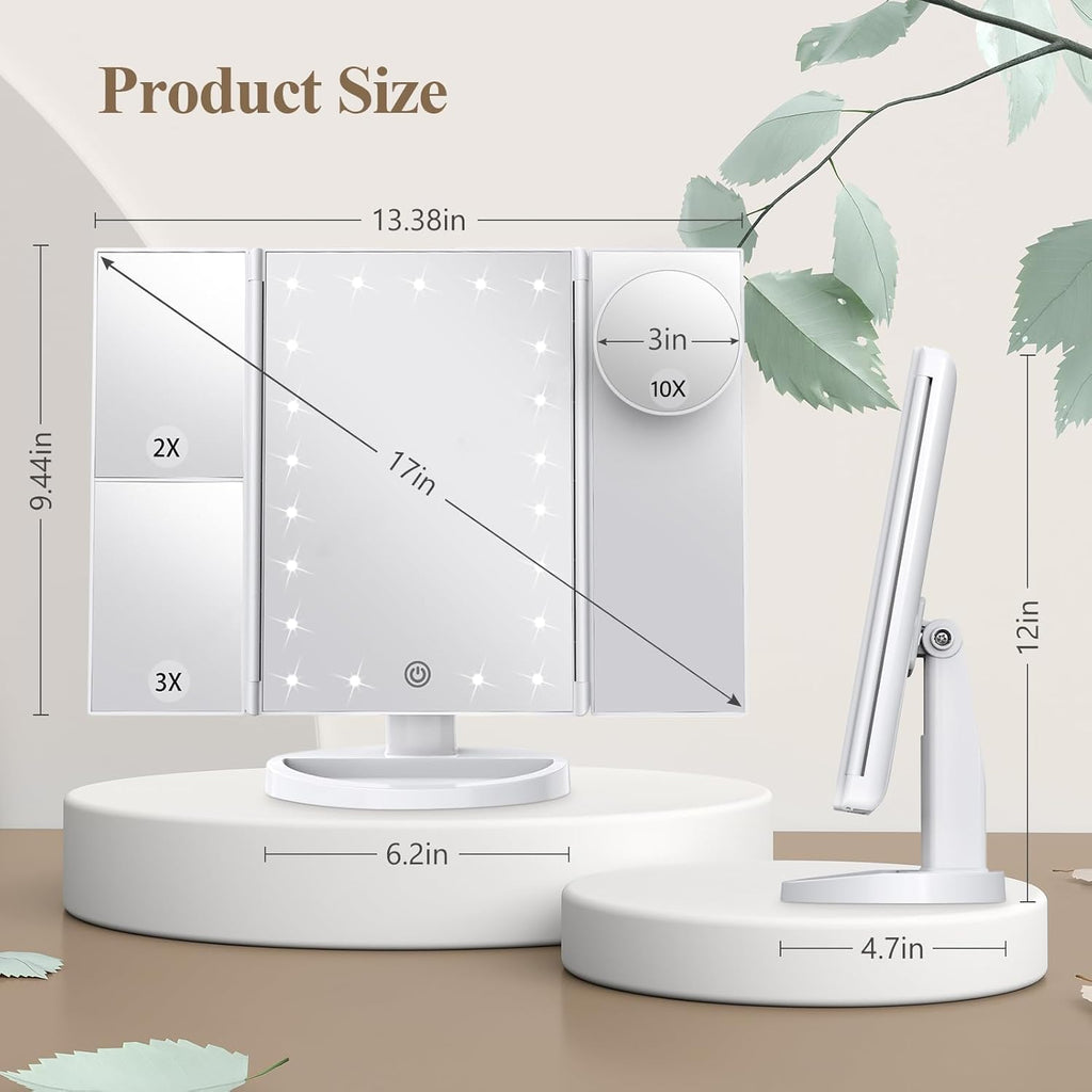 2X/3X/10X Magnifying Vanity Mirror with Light, Trifold Makeup Mirror