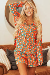 Leopard Collared Neck Long Sleeve Top and Shorts Lounge Set Trendsi