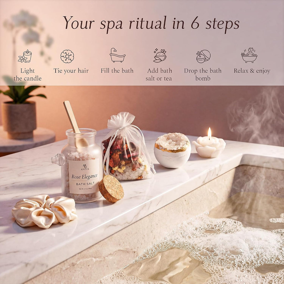 Rose Bath Gift Set for Women – Luxury Spa Gift Basket with Rose Candle, Bath Salt, Bath Bomb, Self Care Kit – Elegant Birthday Gift for Mom, Wife or Girlfriend, Bridal Shower Gifts for Bride