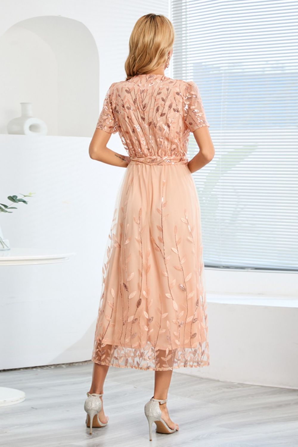 Sequin Leaf Embroidery Tie Front Short Sleeve Dress Trendsi