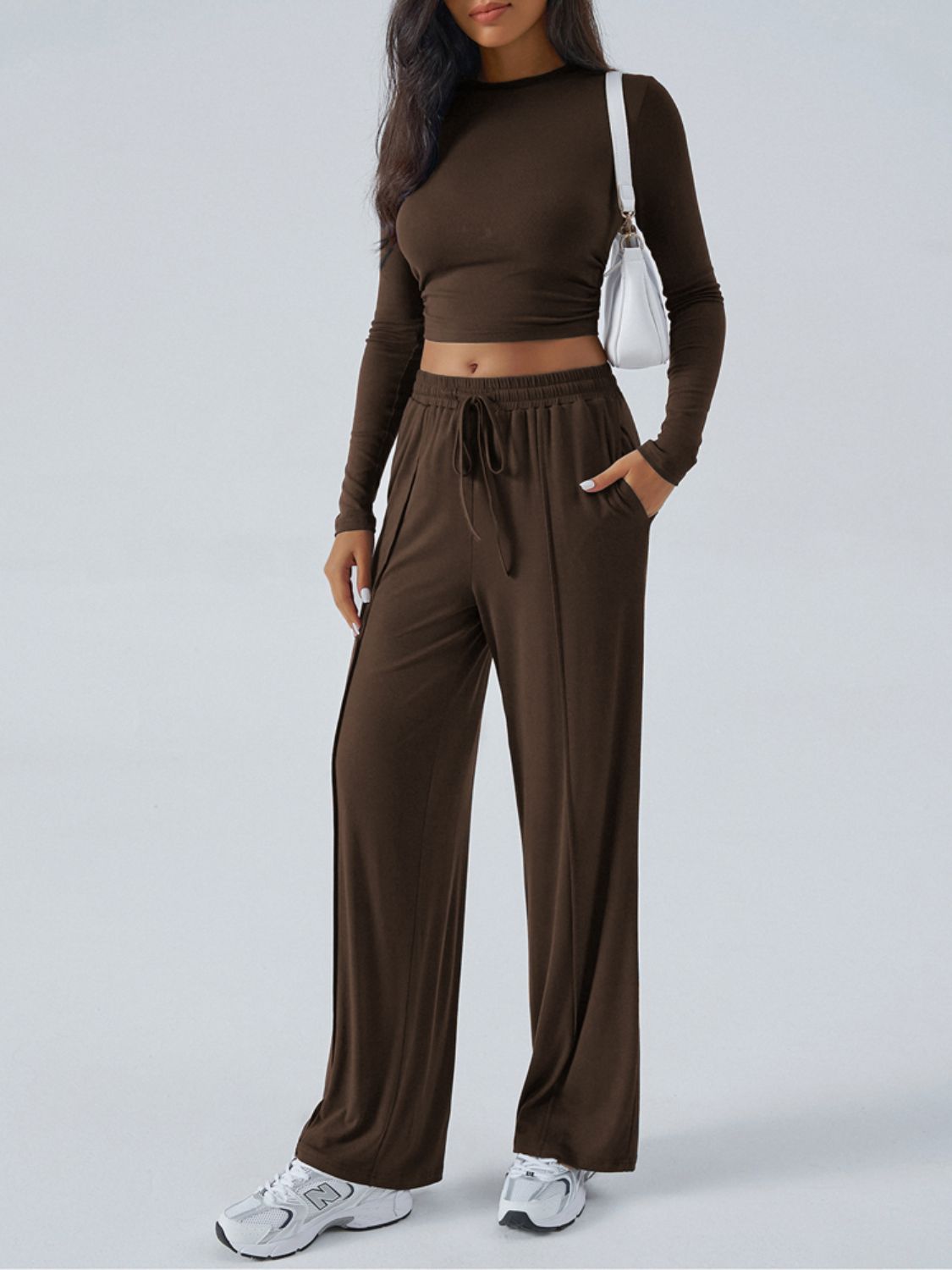 Devine Round Neck Long Sleeve Top and Pants Set Trendsi