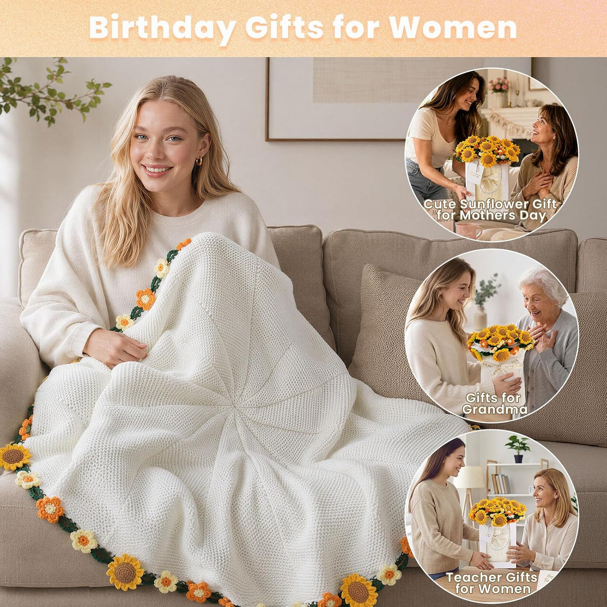 Crochet Flowers Rose Bouquet Blanket,Sunflower Gifts for Women,Cozy Yellow Throw Blanket for Couch,Birthday Gifts for Girlfriend Grandma Mom Teacher Sister Best Friend