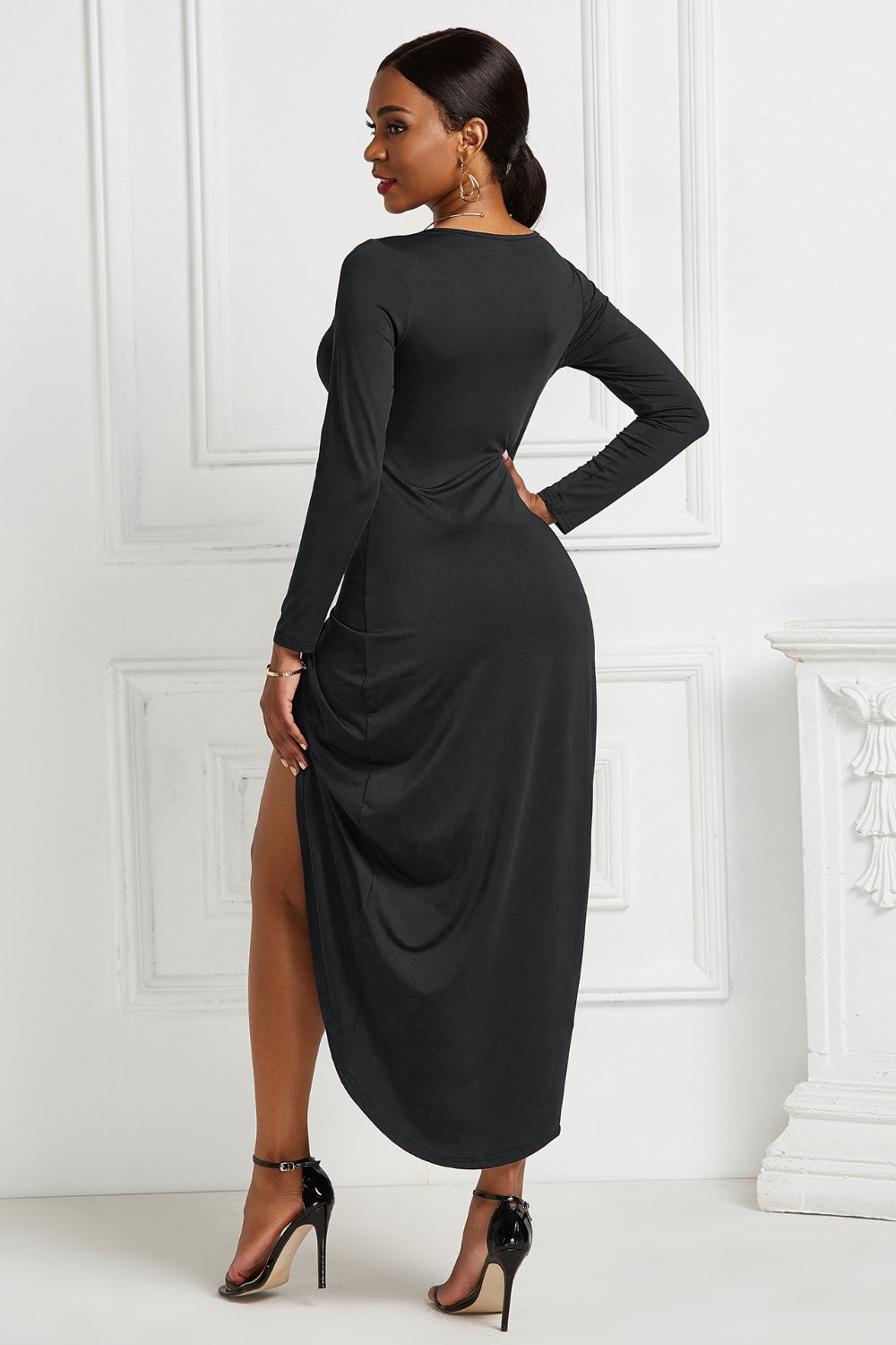 High-low Ruched Surplice Long Sleeve Dress Trendsi