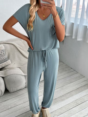 Devine V-Neck Short Sleeve Top and Pants Set Trendsi