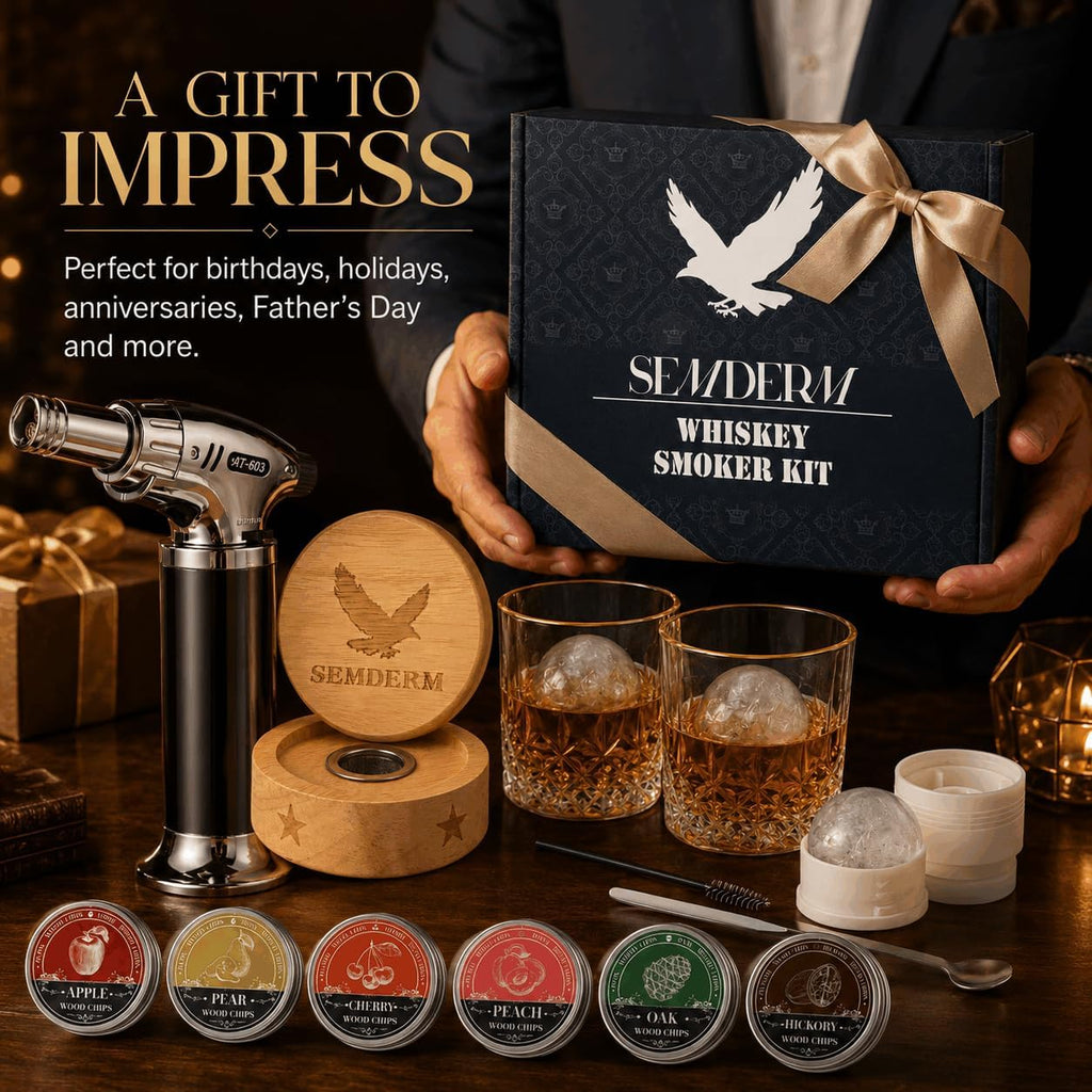 Bourbon Whiskey Smoker Kit with Torch - Old Fashioned Cocktail Smoker Kit with 2 Whiskey Glasses, 6 Wood Chips - Valentines Anniversary Birthday Gifts for Men Dad Husband Boyfriend (No Butane)