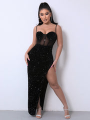 Sequin Spliced Mesh Adjustable Strap Dress Trendsi