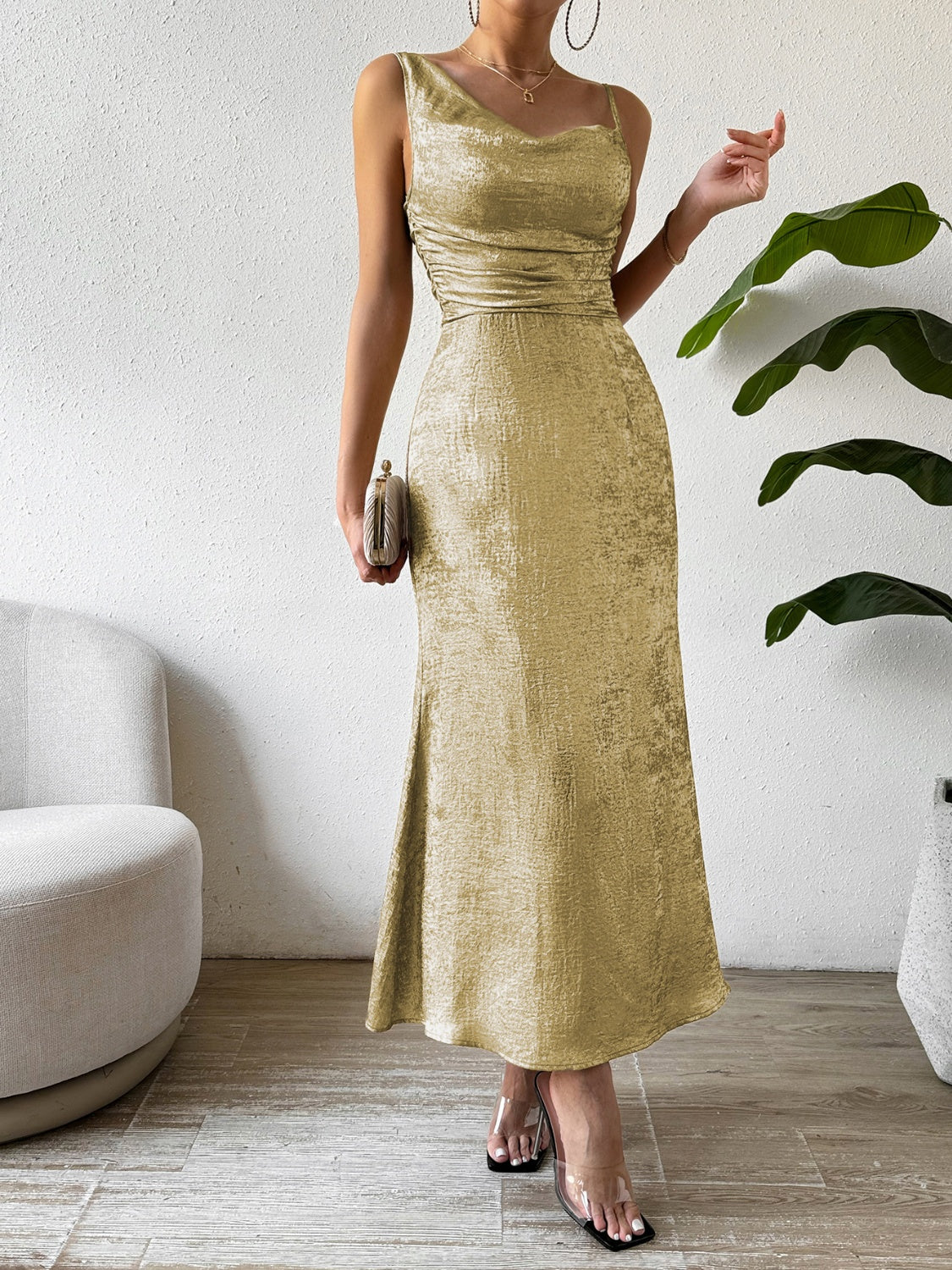 Honey Asymmetric Neck Sleeveless Midi Dress Trendsi