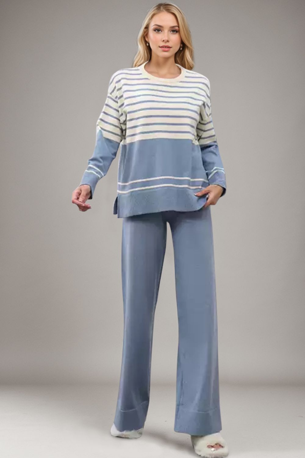 Basic Bae Striped Round Neck Long Sleeve Top and Pants Sweater Set Trendsi