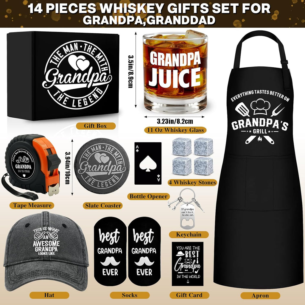 14 Pcs Grandpa Gifts, Best Granddad Ever Gift with 11 Oz Grandpa Juice Whiskey Glass 4 Whiskey Stones Coaster Apron Hat Sock Tape Measure Keychain, Birthday Father'S Day Christmas Gift for Grandfather