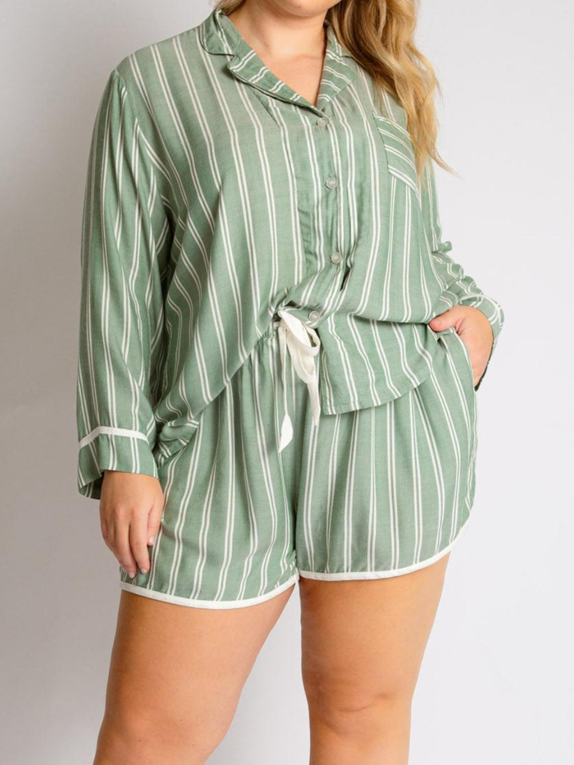 Striped Collared Neck Long Sleeve Top and Shorts Lounge Set Trendsi