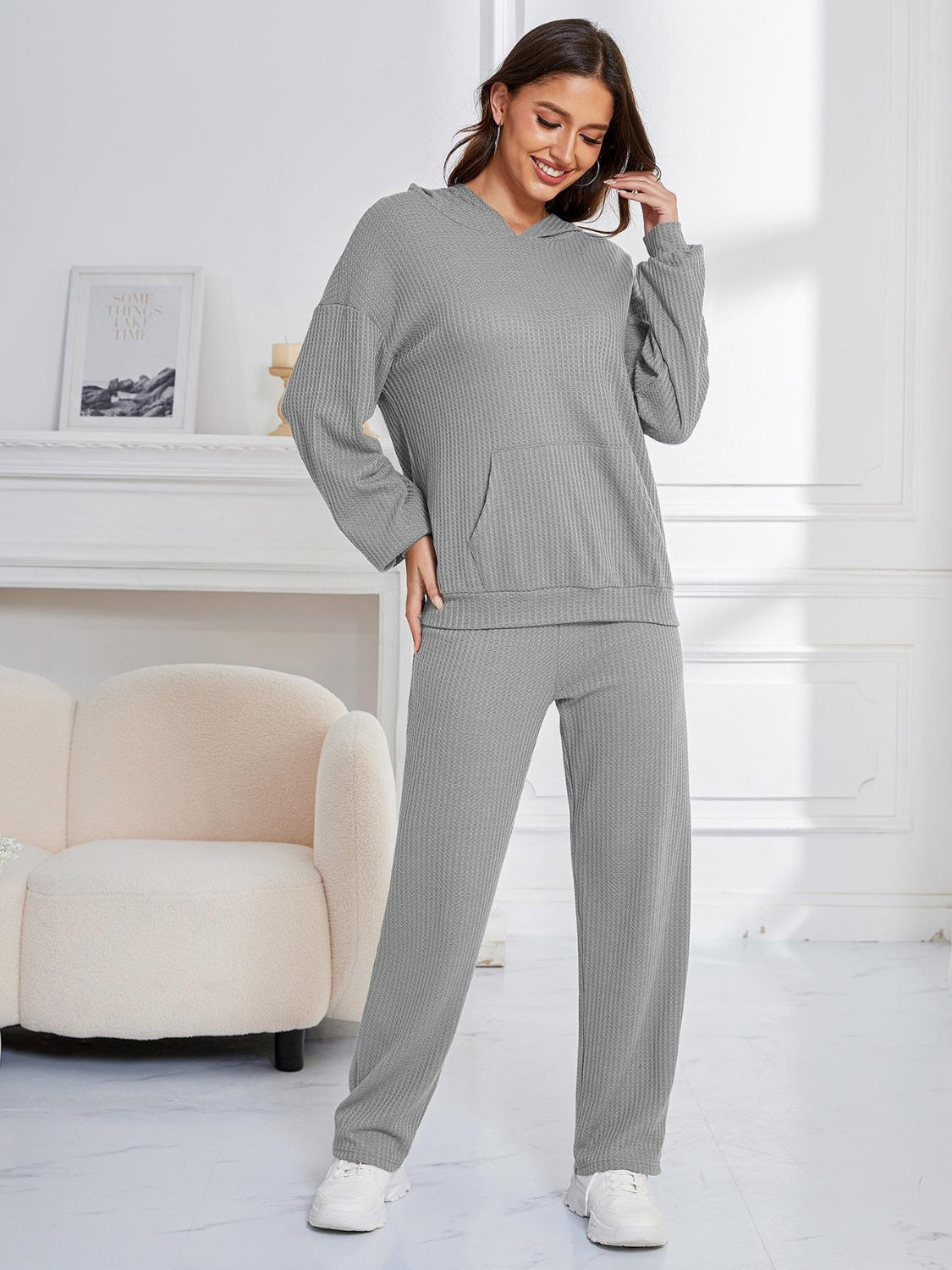 Dropped Shoulder Long Sleeve Hoodie and Pants Set Trendsi