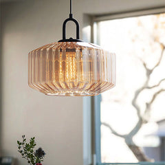 Elegant Pendant Light with Striped Green Glass Shade – Vintage Style for Dining and Kitchen