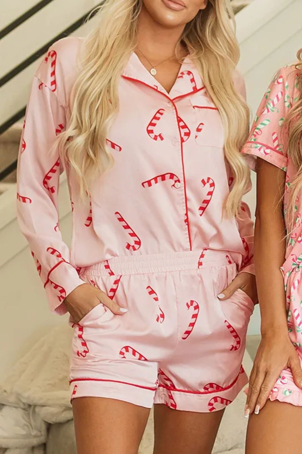 Candy Cane Collared Neck Long Sleeve Top and Shorts Lounge Set Trendsi