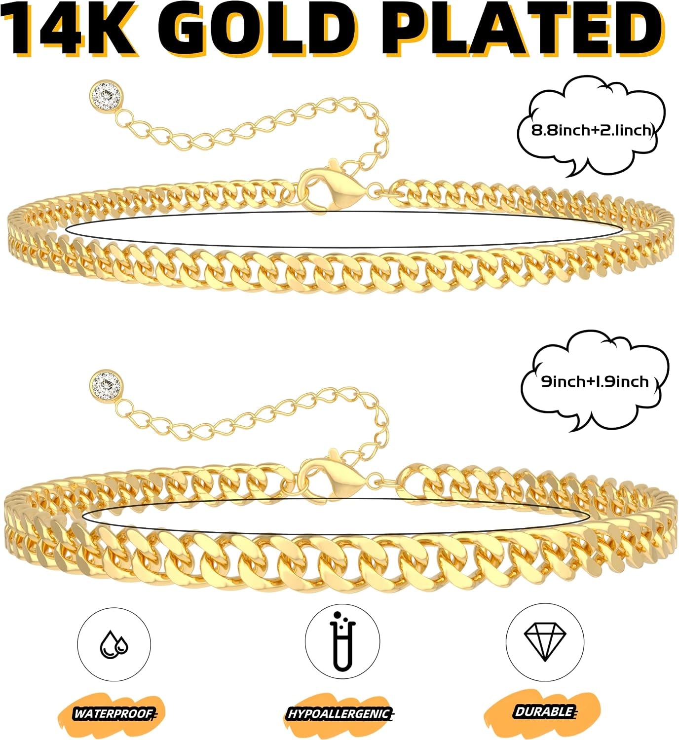 Ankle Bracelets for Women Waterproof 14K Gold/Silver Plated Chain Anklets