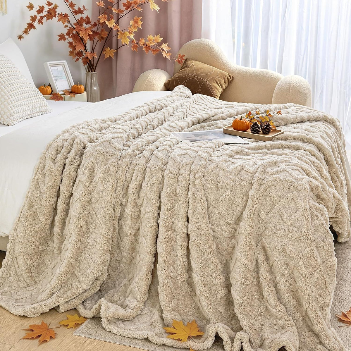 Fleece Throw Blanket for Couch, Fall Boho Blankets,50"X60" Khaki