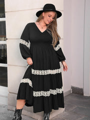 Plus Size Lace Detail V-Neck Long Sleeve Midi Dress Trendsi