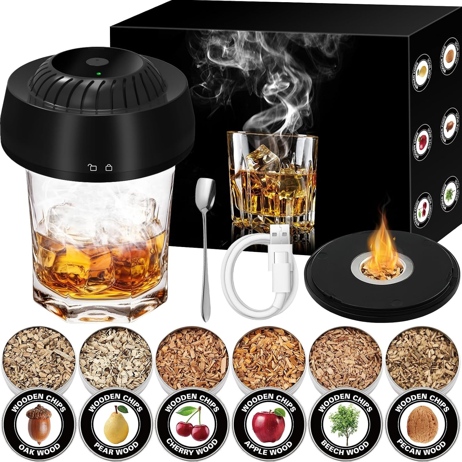 Electric Whiskey Smoker Kit, No Butane Needed, Electric Cocktail Smoker Infuser Kit with 6 Wood Chips Flavors, Birthday Gifts for Men, Dad, Husband