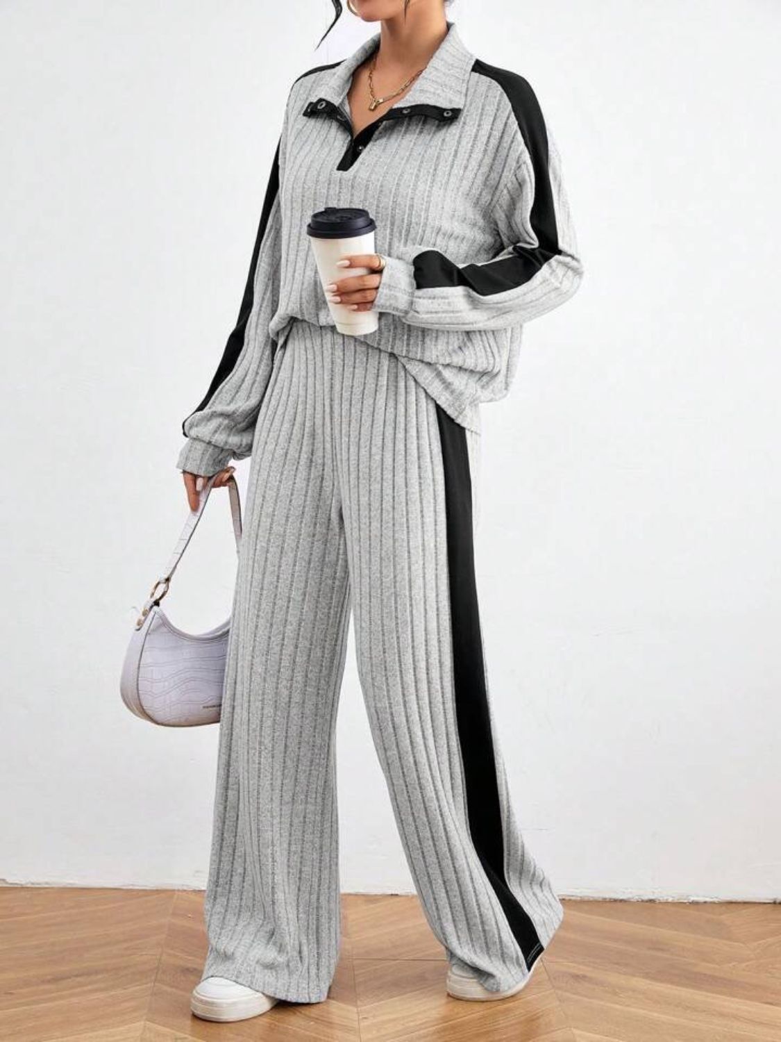 Contrast Collared Neck Long Sleeve Top and Pants Set Trendsi