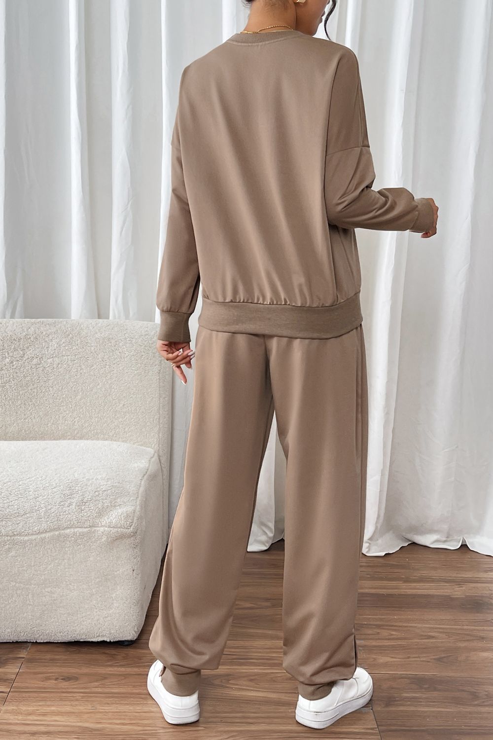 Perfee Round Neck Long Sleeve Top and Pants Set Trendsi