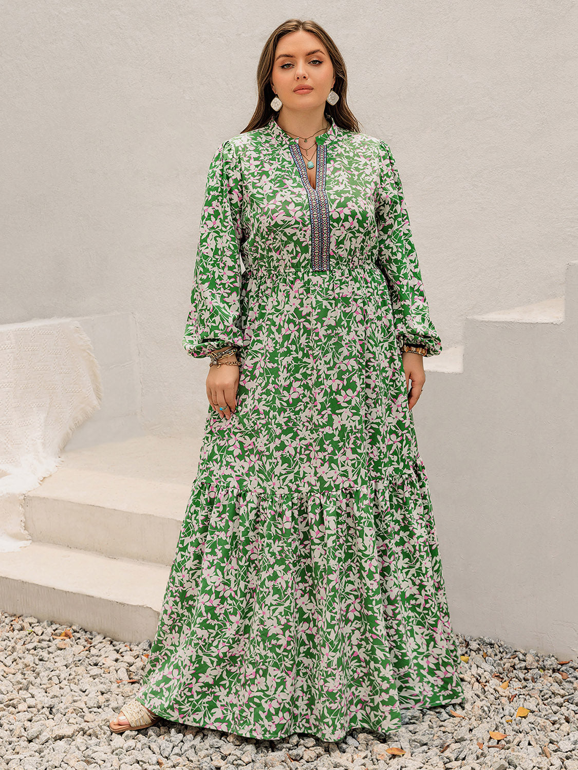 Plus Size Printed Notched Long Sleeve Maxi Dress Trendsi