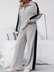 Plus Size Half Zip Long Sleeve Top and Pants Set Trendsi