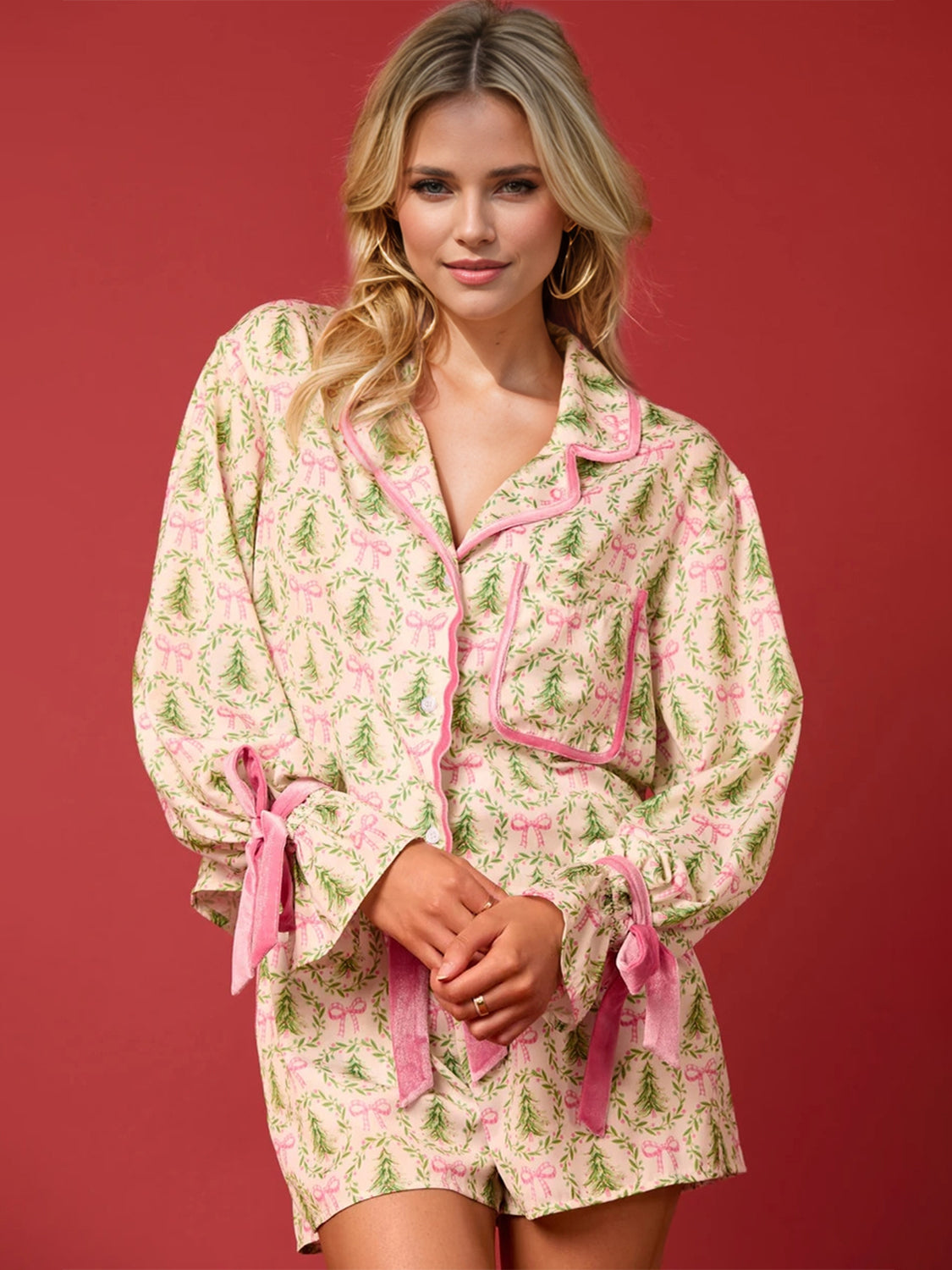 Tied Printed Collared Neck Long Sleeve Top and Shorts Set Trendsi