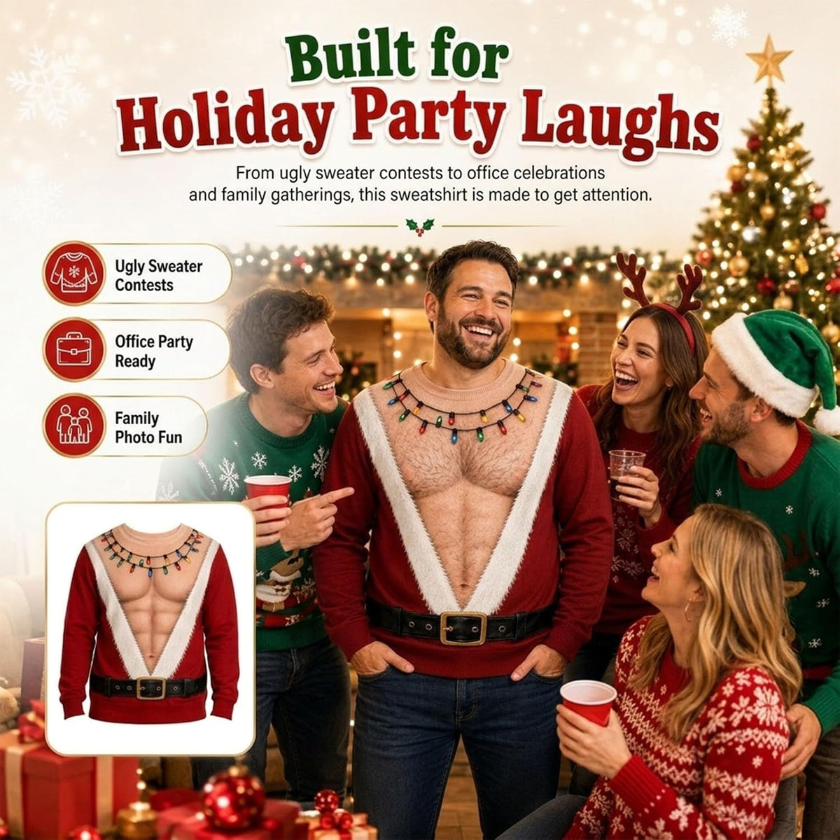Men Ugly Christmas Sweater 3D Chest Hairy Santa Funny Sweatshir