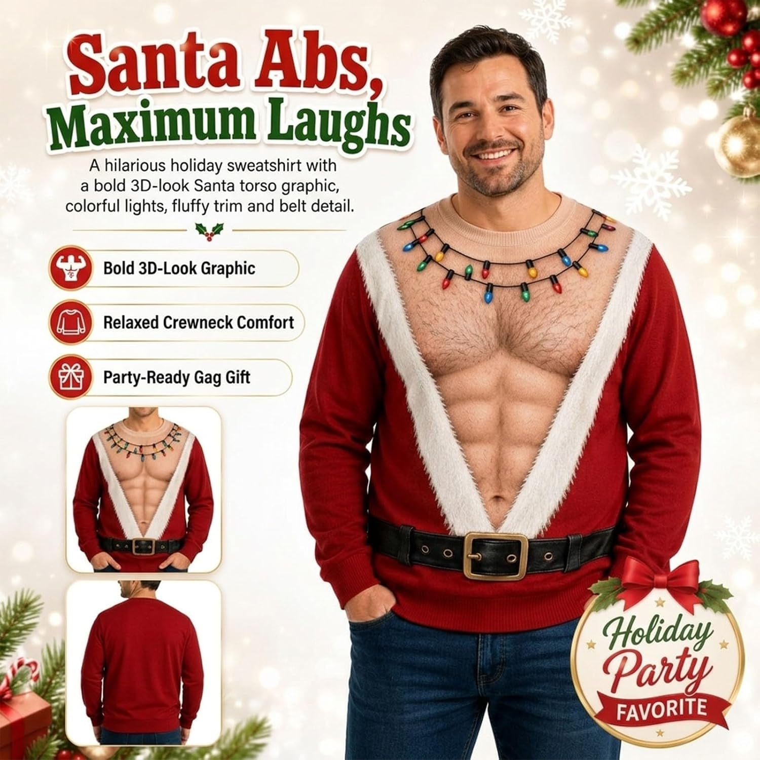 Men Ugly Christmas Sweater 3D Chest Hairy Santa Funny Sweatshir