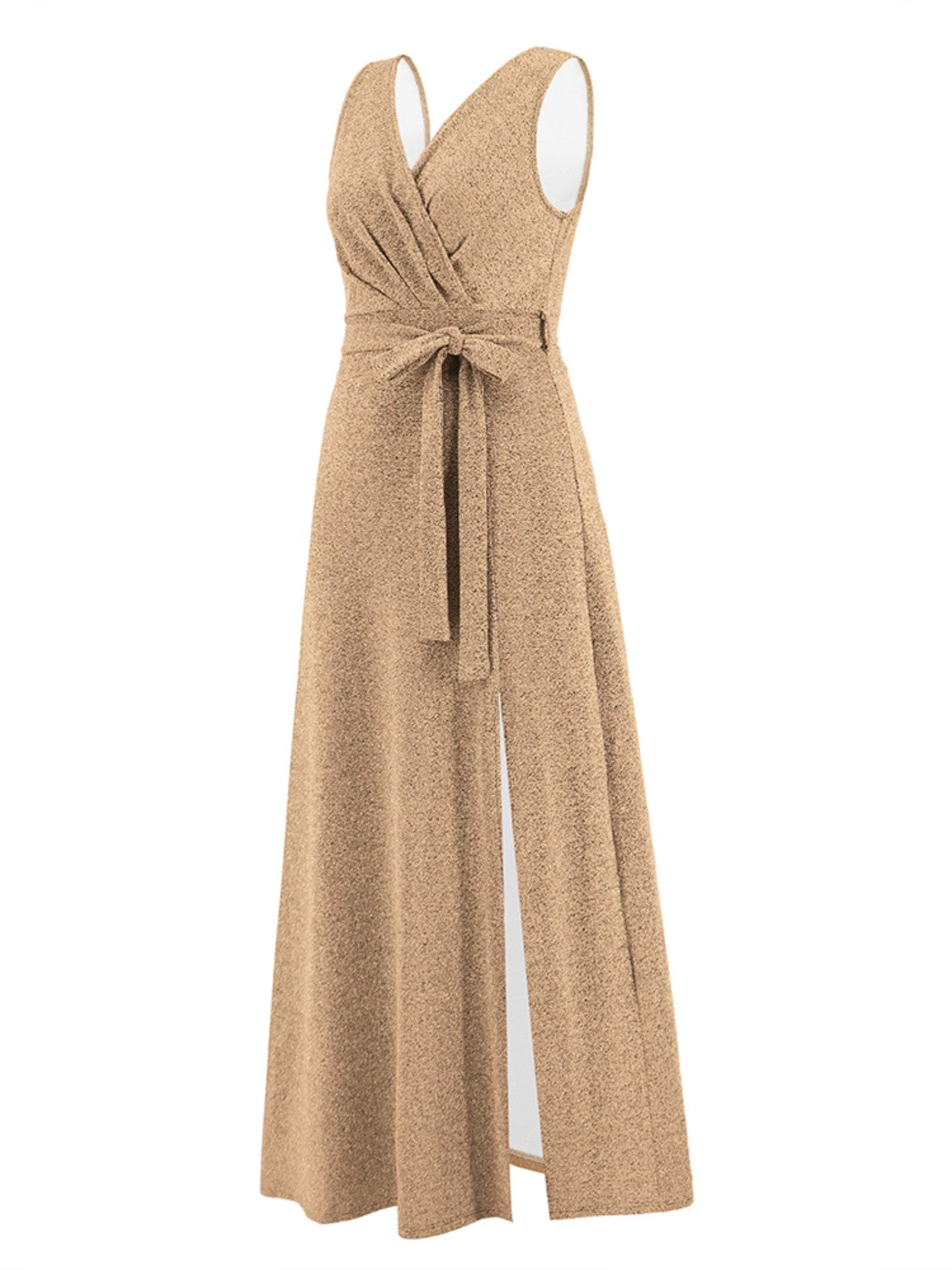 Slit Surplice Tie Waist Sleeveless Dress Trendsi