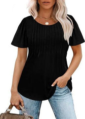 Liora Pleated Short Sleeve Top | Scoop Neck Pull-On Women's Blouse