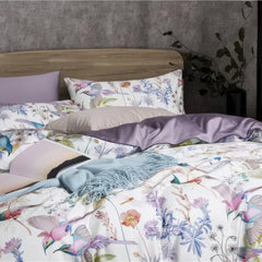 Luxurious Egyptian Cotton Bedding Set with Botanical Design – Soft White and Muted Lilac Reversible Comforter