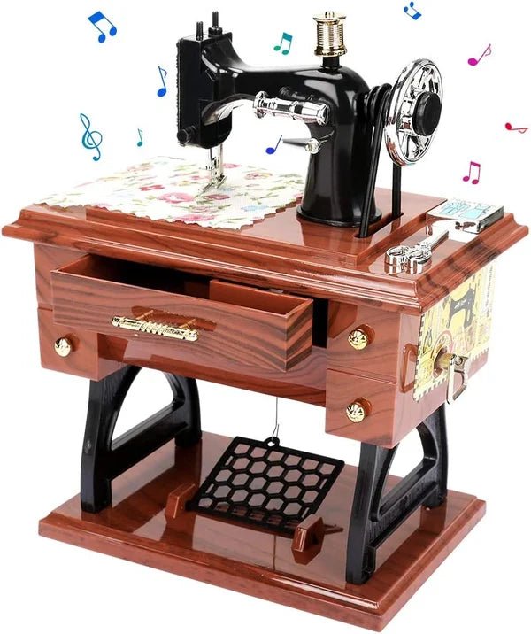 Melody Stitch Clockwork Music Box | Wooden Sewing Machine Decor With Drawer Play