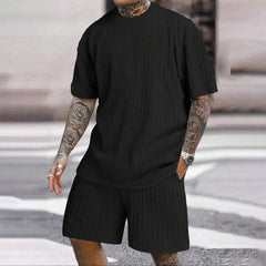 Metro Textured Stripe Men's Cotton Tee and Drawstring Shorts Set | Relaxed Fit