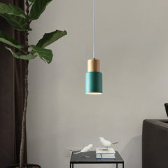 Modern Pendant Light with Colorful Cylinder Design – Iron and Wood Fixture