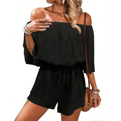 Open-Air Off Shoulder Romper | Drawstring Waist, Abstract Leaf Print