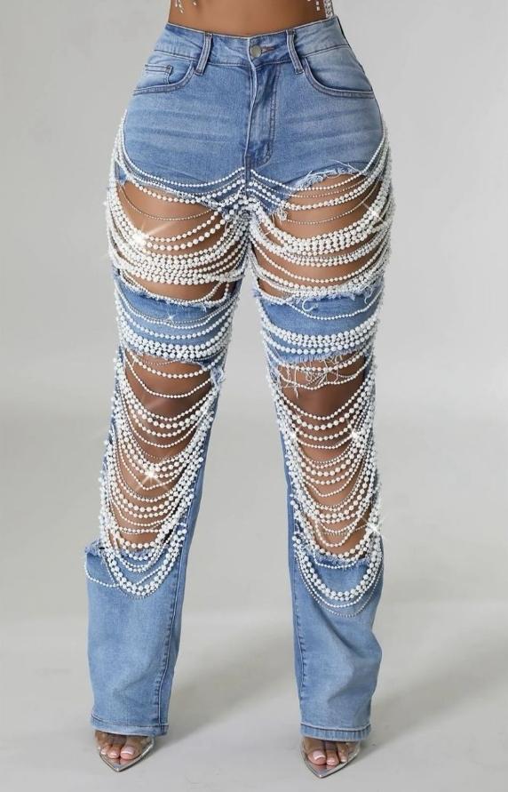 Plus Size Daily Jeans Casual Blue Pearls Denim Jeans【Free Shipping】