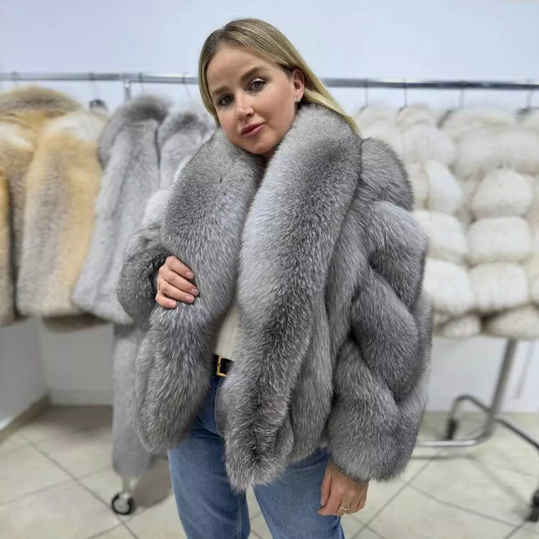 Winter Women's Real Fox Fur Coat – Luxury Warm Jacket with Lapel Collar