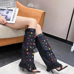 Knee High Blue Denim Crystal Sandal Boots