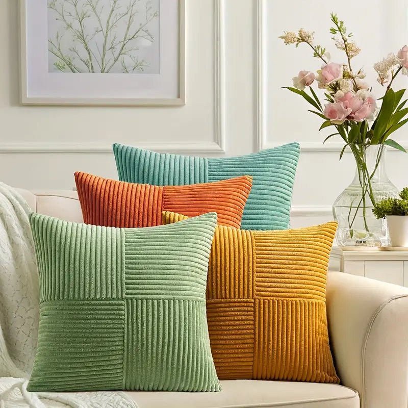 Soft Corduroy Throw Pillow Covers Set of 4 – 18x18 Decorative Pillows with Modern Boho Grid Design