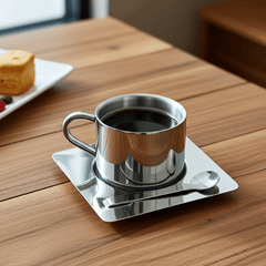 Stainless Steel Coffee Mug Set with Saucer and Spoon – Double-Walled Insulation for Hot and Cold Beverages
