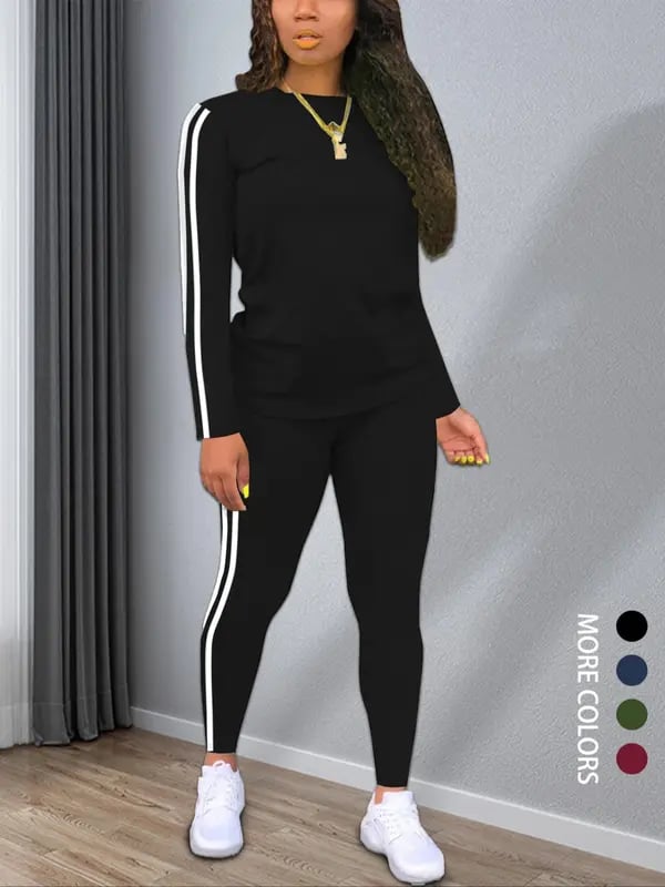 Striped Knit Outfit Set | Round Neck Long Sleeve Top With Coordinating Pants