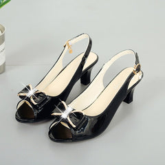 Willow Mid-Heel Peep-Toe Slingback Sandals | Rhinestone Bow Accent