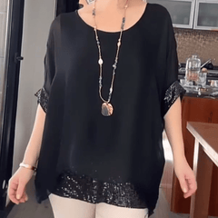 Willow Sequin-Trim Relaxed Blouse | Soft Round Neck Going-Out Top