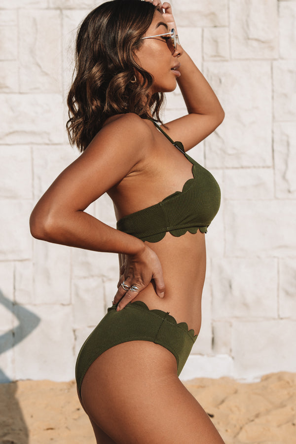 Army Green Scolloped Halter Neck Bikini Set Beachsissi