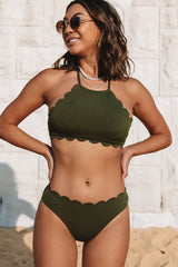 Army Green Scolloped Halter Neck Bikini Set Beachsissi