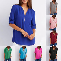 V Neck Zipper Patchwork Plain Blouses sunsetime