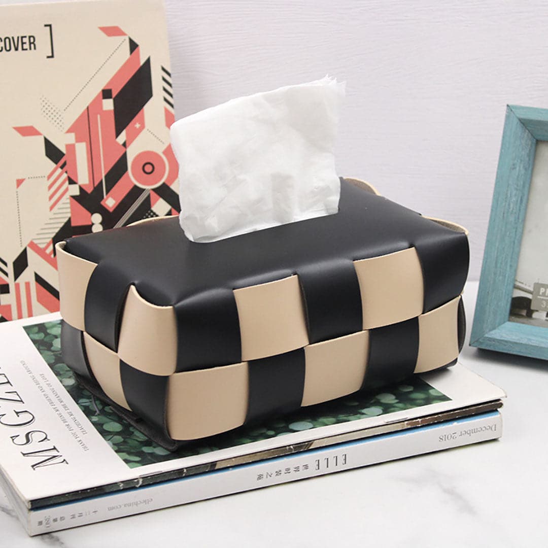 Plaid Woven Leather Tissue Box feajoy