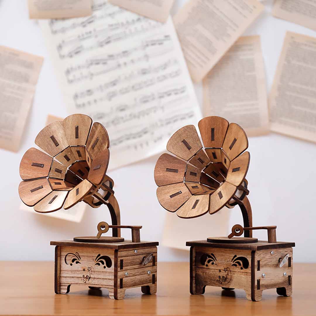 Wooden Assembled Gramophone Music Box feajoy