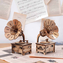 Wooden Assembled Gramophone Music Box feajoy