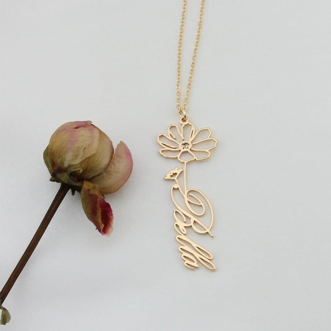 Custom Name Necklace/Ring with Birth Flower dylinoshop